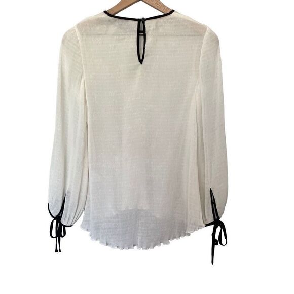 Cue 8 Medium White Chiffon Semi Sheer Blouse Black Trim Tied Sleeve Crew - Picture 7 of 10